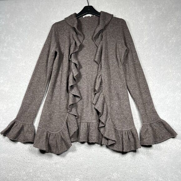 Minnie Rose Cashmere Ruffle Open Front Knit Cardigan Brown Women’s Small - Picture 1 of 10